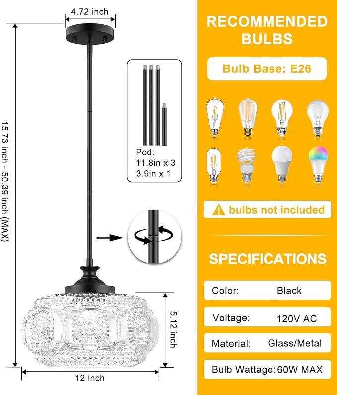 Semi Flush Mount Ceiling Light, Pendant Lights Kitchen Island | 12" Large Glass Shade, Modern Pendant Light Adjustable Hanging Light for Kitchen Island Dining Room Bedroom Hallway Bathroom