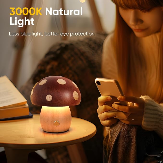 YIEONSHION LED Wood Mushroom Table Lamp, Rechargeable Cordless Touch Bedside Lamps, Wireless Stepless Dimming Night Light, Portable Battery Lamp for Bedroom Nightstand for Birthday Gifts (XMG-Small)