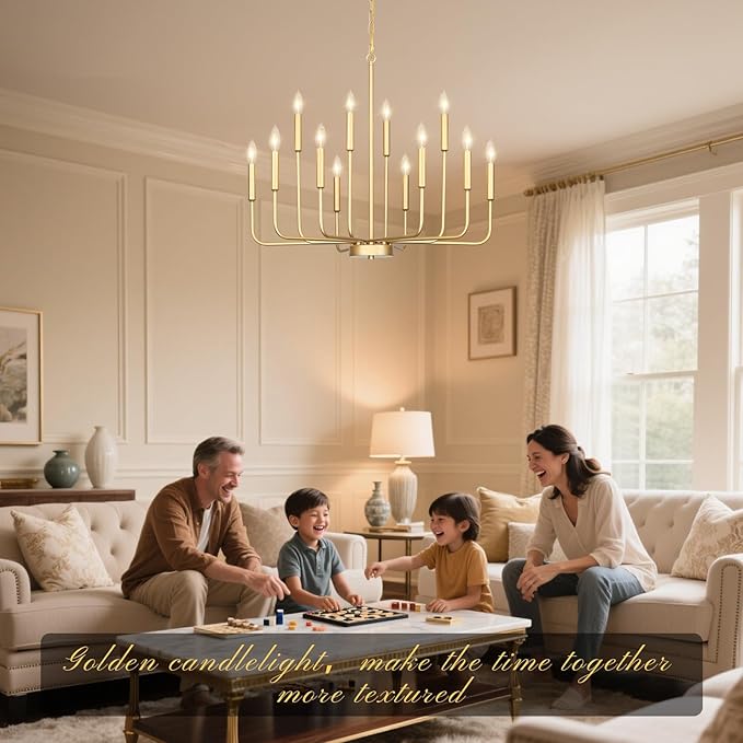 Gold Chandeliers for Dining Room Light Fixture Over Table, Modern Farmhouse Chandeliers for Living Room,12-Lights Candle Lighting Fixtures for Entryway Kitchen Island Foyer