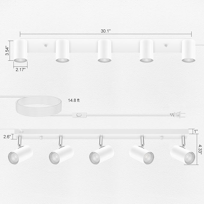 5 Light Track Lighting Kit,White 5 Way Modern Plug in Ceiling Spotlight,Industrial LED Wall Light for Kitchen Cabinet Gallery Bar Hallway Living Room,Rocker Switch,15 Foot Cord(No Bulb)