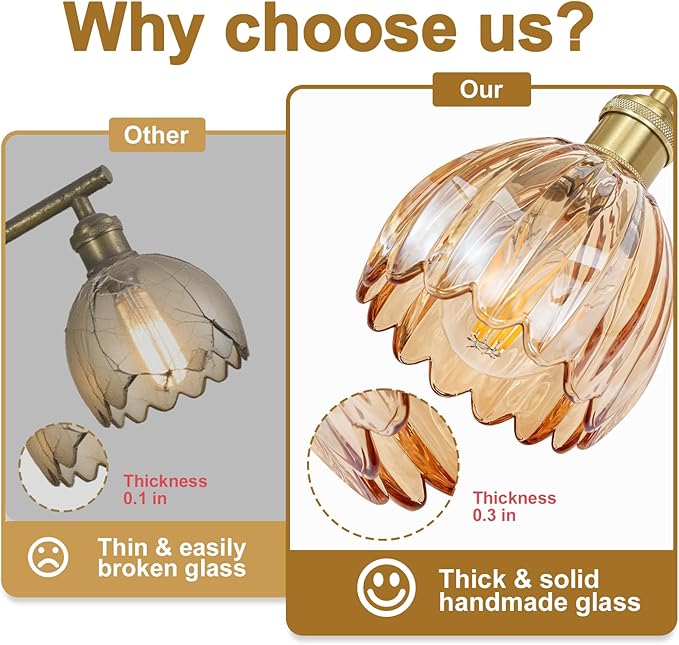 Vintage Bathroom Light Fixtures,2-Light Hardwired Vanity Lights with Amber Tulip Glass Shade,Gold Bathroom Vanity Light for Mirror Restroom,E26 Socket,14.57 in(Bulbs Not Included)