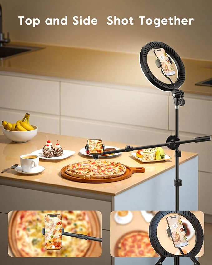 LUXSURE Ring Light with Stand for Phones, Tripod with Ring Light for iPhone, Overhead Phone Mount 10.5" with Phones Stand and Remote, Phone Tripod with Light for Video Recording/Live Stream/Cooking