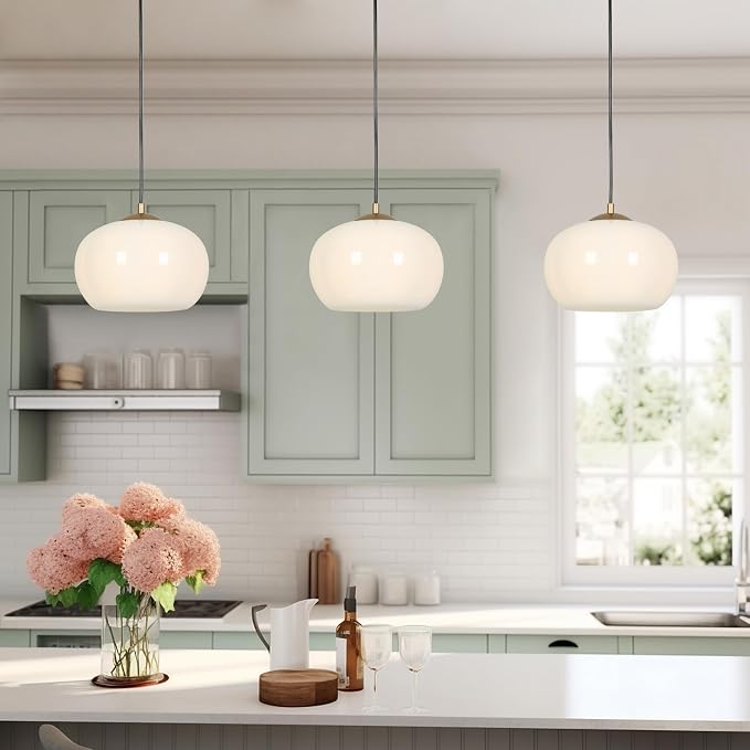 KSANA Pendant Lights Kitchen Island, 9.5'' White and Gold Kitchen Pendant Lighting Over Island, Modern Hanging Light Fixtures with Clear Glass Shade (Interior in White)