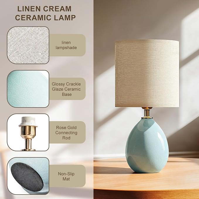18.5" Table Lamp Set of 2 for Living Room Bedroom, Bedside Lamps for Night Stands, Desk Nightstand Lamp Dimmable, Modern Linen Cream Ceramic Lamps (Blue)