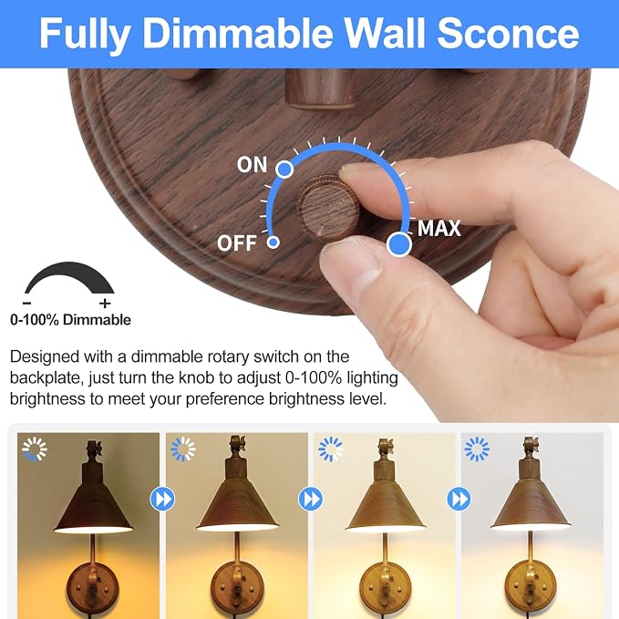 TRLIFE Wall Sconce Plug in, Dimmable Wall Sconce with Switch Swing Arm Wall Lights Plug in Wall Mounted Light Wall Sconces Lighting with 6FT Plug in Cord, E26 Base(1 Pack, Walnut Color)