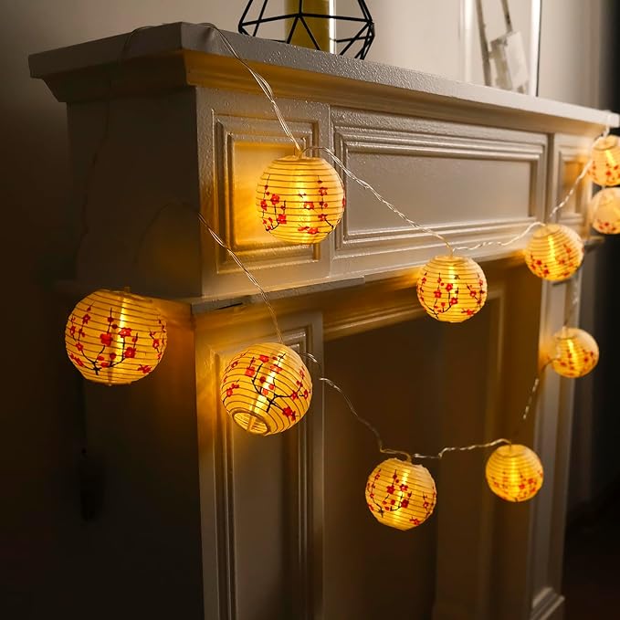 RJZZ Chinese New Year Decorations 2026 Lunar New Year Decorations 2026 9.4FT Cherry Blossom Lights Plum Blossom Lantern String Lights Battery Operated 10 Count Japanese Decor Chinese Lanterns Lights