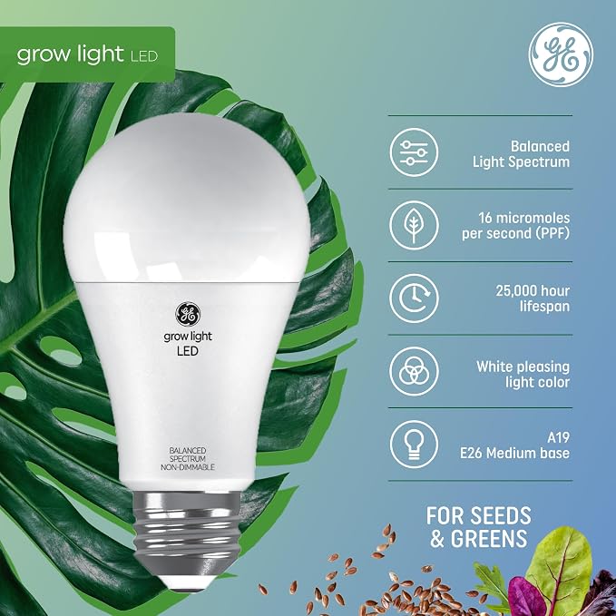 GE Grow Lights for Indoor Plants, A19 LED Light Bulbs for Seeds and Greens with Balanced Light Spectrum, White Indoor Plant Light, 25,000 Hours Lifespan, 16 PPF, 4 Pack (Packaging May Vary)