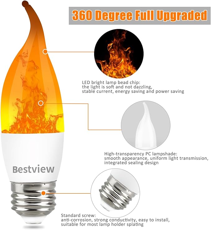Bestview LED Flame Effect Light Bulbs,3 Modes Smart E26 Chandelier Base Flickering Candle Fire Light Bulb for Halloween, Christmas, Party, Porch, Indoor&Outdoor Home Decoration (2 Pack)