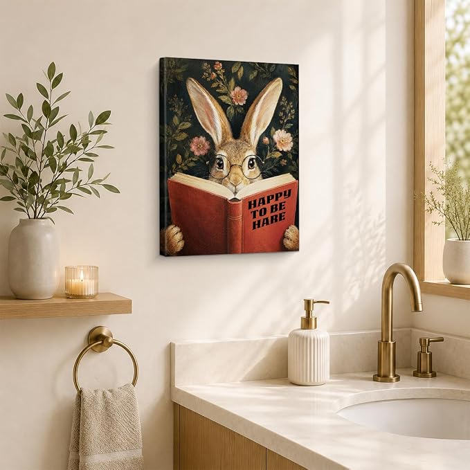 NSFBESSLIA Funny Reading Hare Painting, Whimsical Vintage Animal Decor, Happy To Be Hare, Humorous Wall Art for Living Room Bedroom Entryway, 8x10 Inch