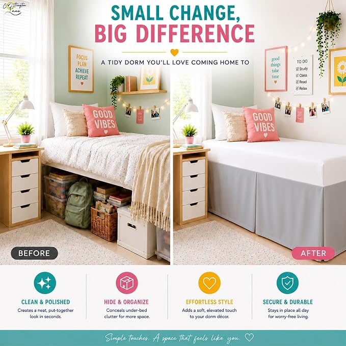 Cottington Lane Tailored Box Pleated College Dorm Bed Skirt Twin XL, Hotel Quality Premium Brushed Microfiber Extra Long Bedskirt Twin XL 25 Inch Drop, Light Grey Dorm Bedding
