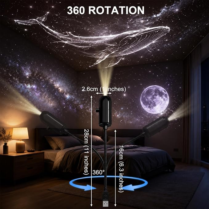 Plug and Play Star Projector Night Light – HD Glass Lens, 360° Flexible Neck, USB Powered, Interchangeable Theme Discs, Portable Galaxy Lamp for Bedroom, Home Theater, Car, or Travel (17 Slides)