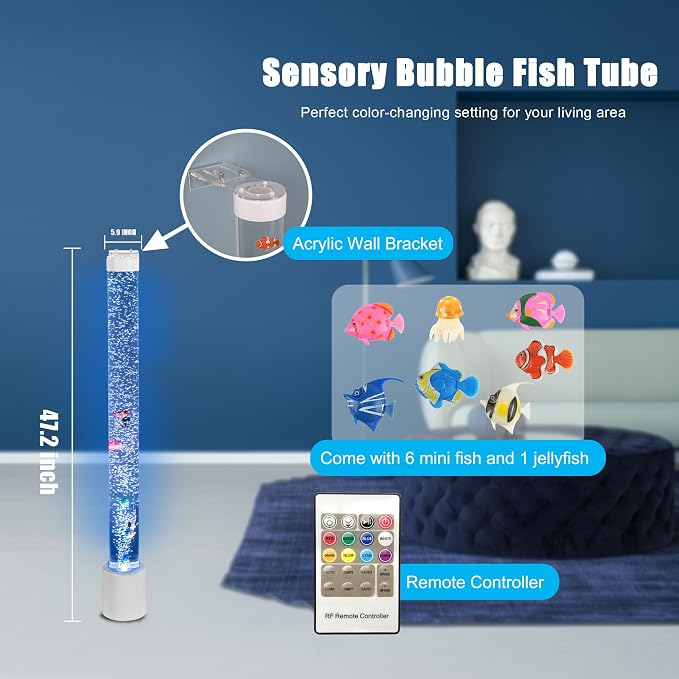 4FT Sensory Fish Bubble Light Tube, Wall Mountable Aquarium Column with Remote & 8 Color Changing Lights – Calming Sensory Night Light for Kids, Adults, and Special Needs
