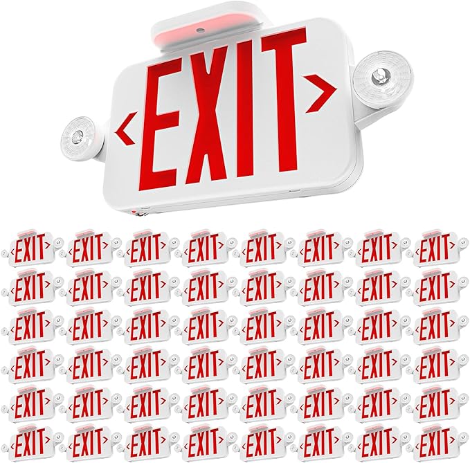 Sunco 48 Pack LED Exit Sign With Emergency Lights, Red, Two Mini Adjustable Lights, 94V-0 Fire Resistant, Backup Battery, 2.3W 6000K Daylight Deluxe, 200 Lumens 120-277V, Wall Or Ceiling Mount UL
