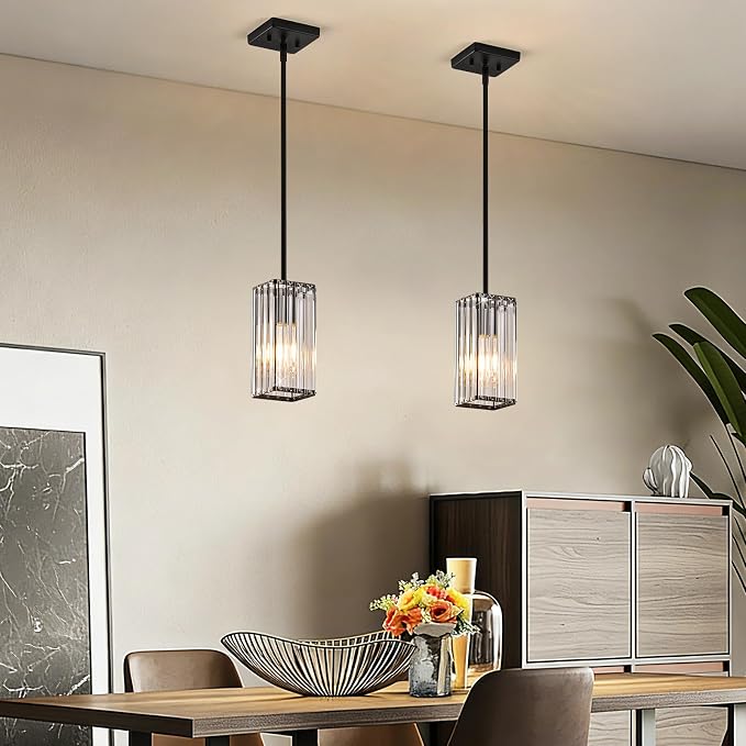 Modern Crystal Pendant Lights Kitchen Island, 3-Pack Black Hanging Light with Clear Crystal Shade, Adjustable Height Pendant Lighting for Kitchen Island Dining Room Bedroom Bar Entryway