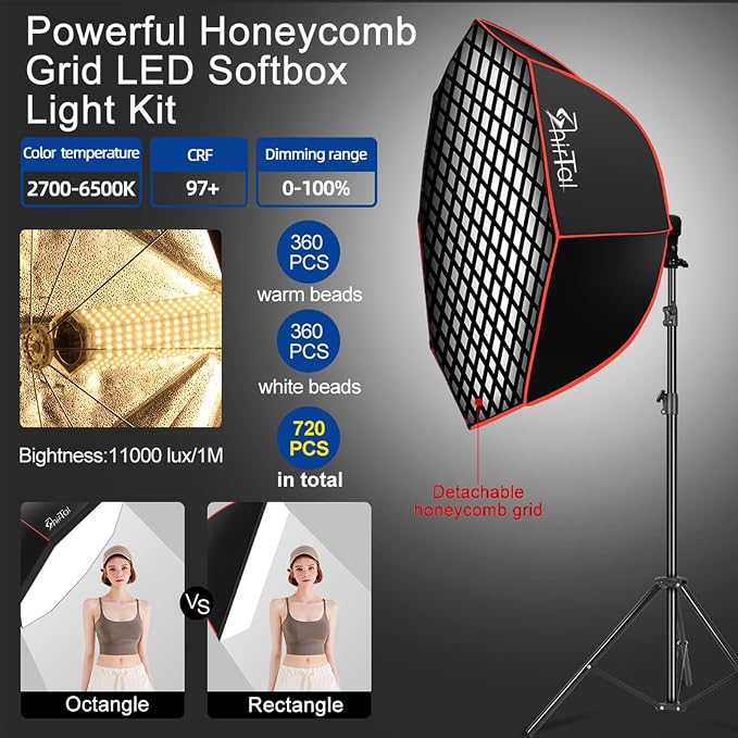 Softbox Photography Lighting Kit,37" Octange Softbox Lighting Kit with Honeycomb Grid 110W 2700K-6500K 11000Lux Dimmable LED Prismatic Lamp and Remote Control, Lighting for Video Recording