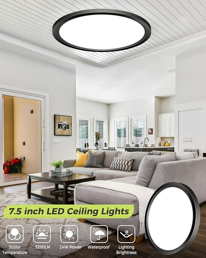 1PACK LED Flush Mount Ceiling Light - 3CCT Selectable 3000K-4000K-6500K & 100W Equivalent Modern Kitchen Recessed Ceiling Lamp 24W 3200Lm 12 Inch for Bathroom Closet Laundry Bedroom Hallway