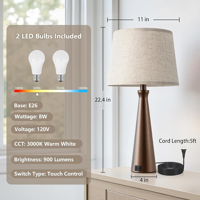 Modern Touch Lamps for Nightstand, 3 Way Dimmable Bedroom Lamp Set of 2 | USB C+A Charging Ports, Brown Bedside Lamps for Bedroom, Living Room, End Table, Bed Side, LED Bulb Included
