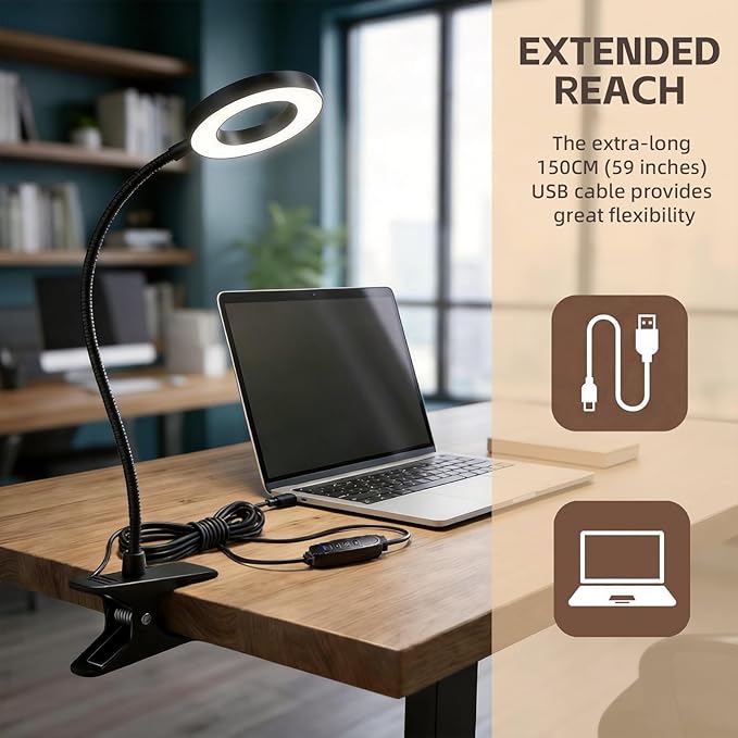 USB Clip on Light for Bed Headboard, Flexible Reading Lamp with Aluminum Cooling Head, 30 Lighting Modes Clamp Desk Lamp for Dorm, Home, Office, Crafting & Nursing, 48 LEDs