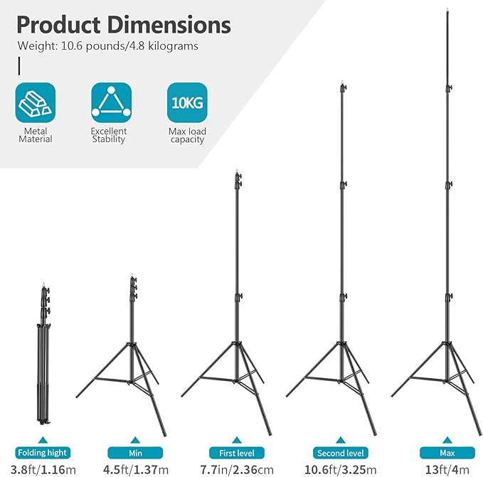 Neewer Heavy Duty Light Stand, Metal 13ft/4m Adjustable Photography Tripod C Stand with Spring Cushion 1/4" Screw for Studio LED Continuous Light Background Flash Strobe, Max Load: 22lb/10kg, Black