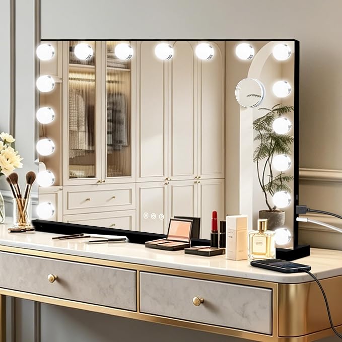 Ratsamee Black Hollywood Vanity Mirror with Lights, 17 Dimmable Bulbs, 3 Color Lights,Make Up Lighted Mirror, Aluminum Metal Frame, USB Charging Port（28" x 20"）