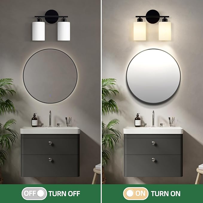 2-Light Bathroom Light Fixtures, Black Modern Vanity Lights with Milky White Frosted Glass Shades, Wall Sconce Light for Bedroom, Living Room and Hallway, 2-Pack