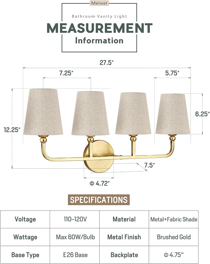 4-Light Brushed Gold Bathroom Vanity Light, Brown Linen Fabric Shade | 28 Inch gold bathroom light fixture over mirror, UL listed, E26 bulbs, hardwired, upward only, VL837-BG-L-4