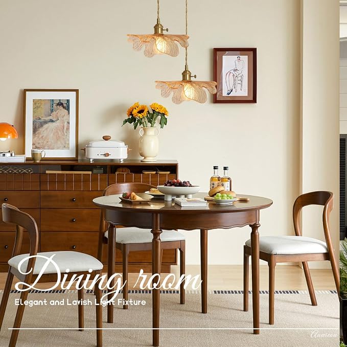 Pendant Lights Set of 2, Hand Blown Amber Glass Brass Gold Hanging Lighting, Adjustable 59” Cord Mid Century Modern Fixture, Sloped Ceiling Compatible for Kitchen Island Dining Room