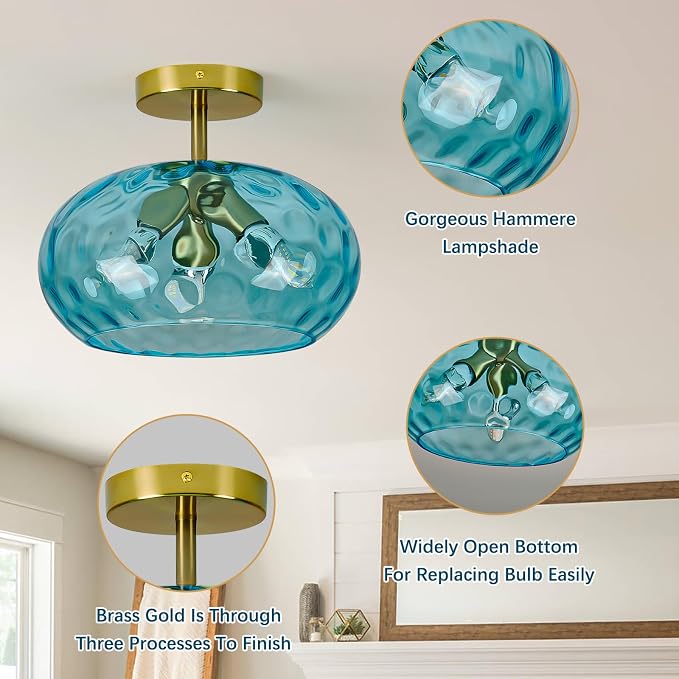 Vintage Semi Flush Mount Ceiling Light ,12″ Art Deco Blue Hammered Glass | Gold,Mid Century,Whimsical,MCM,Unique Cute Retro Light Fixtures for Girls Bedroom,Entryway Laundry Room Kitchen Closet Foyer
