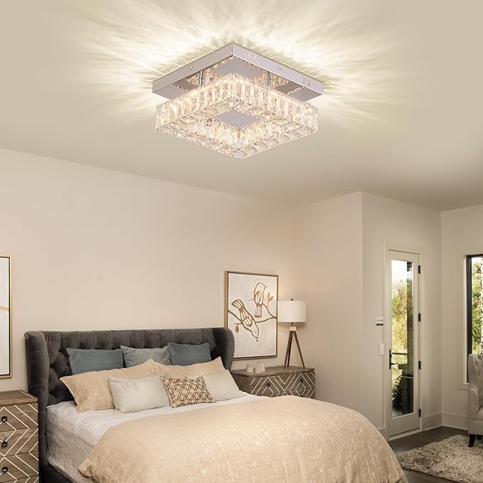 Dimmable Crystal Chandelier LED Ceiling Light with Remote Flush Mount Small Chandelier for Hallway Foyer Kitchen Stair Closet,3 Colors Adjustable