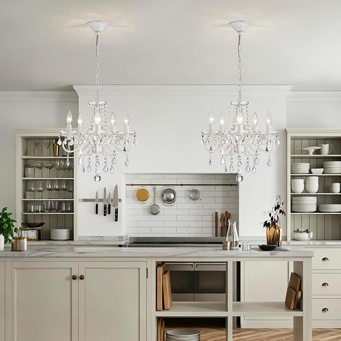 ANJIADENGSHI Small Crystal Chandelier, Modern White Chandelier Dining Room Light Fixture, Mini Crystal Pendant Light for Bedroom Ceiling Light Fixture for Living Room Entryway Kitchen Island Hallway