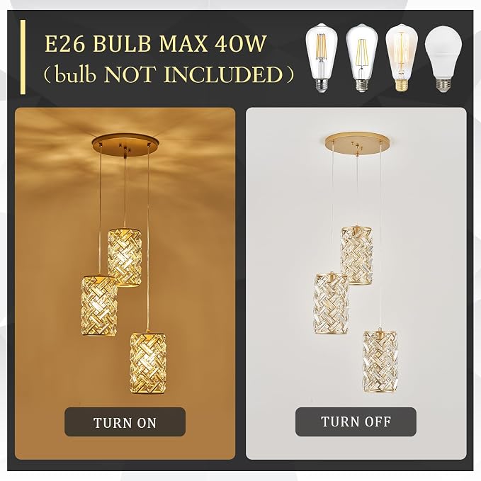 Gold Crystal Cluster Pendant Light, 3-Light Kitchen Island Hanging Light | 3-light gold crystal cluster pendant with adjustable height, E26 sockets, dimmable for kitchen islands and dining rooms