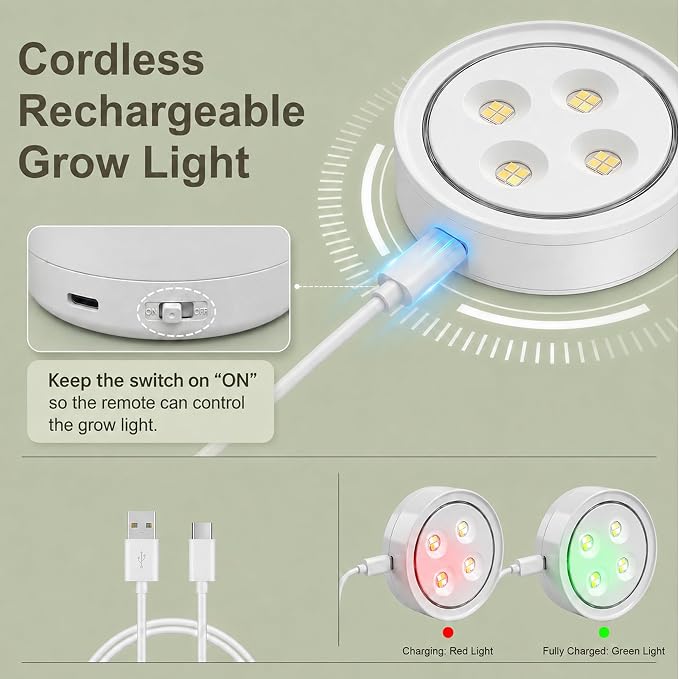 2 Pack Rechargeable Grow Light for Indoor Plants, Cordless Light | Magnetic Plant Lights for Indoor Growing, Full Spectrum LED Lighting with Timer & Remote, Stepless Dimming for Plant Shelf