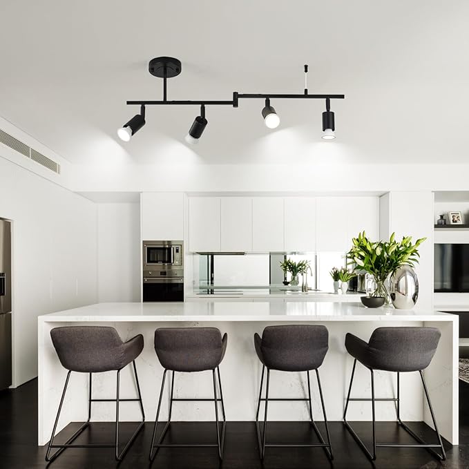 SEEBLEN 4-Light Black Track Lighting Fixtures Ceiling, Flexible Foldable Arm and Rotatable Light Head,Modern LED Track Lighting for Kitchen Islands, Dining Rooms(GU10 Socket, Bulbs Not Included)