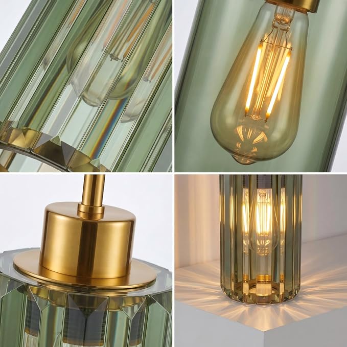 Modern Olive Green Fluted Glass Pendant Light 2 Pack - Thick Ribbed Glass with Warm Glow, Adjustable E26 Hanging Lamp for Kitchen Island & Dining Room