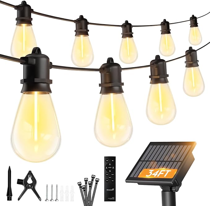 Minetom 34FT Solar String Lights Outdoor Waterproof, S14 Patio Lights | 9 LED Shatterproof Bulb, Remote Type-C Port Timable, 3 Light Modes Dimmable Solar String Lights for Outside, Yard, Camping