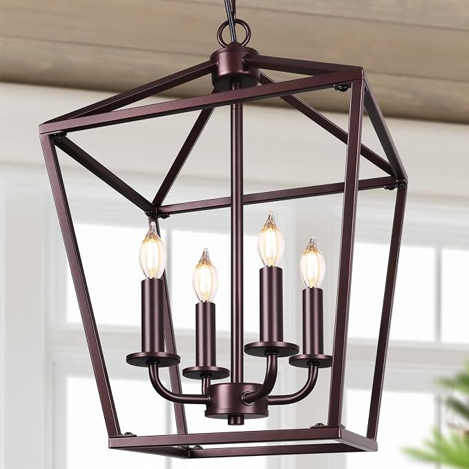 Oil-Rubbed Bronze Rustic Chandelier, Foyer Lighting Fixture for Dining Room | Industrial Kitchen Lantern chandelier Over Table, Pendant Island Ceiling Light for Entryway, Metal Cage Adjustable Height