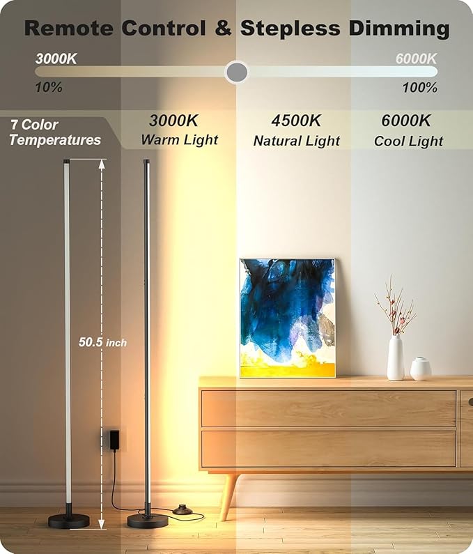 Corner Lamp, Minimalist LED Lamp with Remote Control, Dimmable Corner Light,18 W Floor Lamp Perfect for Living Room, Bedroom, Home Office, 7 Color Temperature 3000K-6000K (Black, 2 Pack)