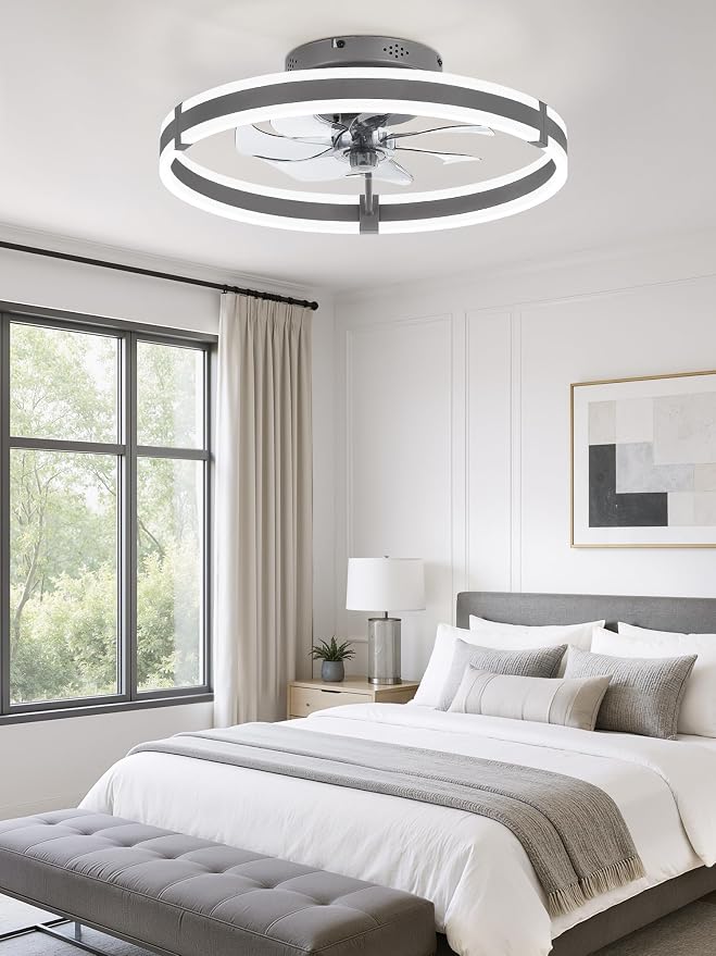 ZMISHIBO Low Profile 19.7'' Ceiling Fans with Lights and Remote, Gray | 3000-6000K Dimmable LED Fandelier, Quiet DC Motor, Reversible Airflow, 6 Wind Speeds, Timer, Bedroom, Living Room, Kitchen