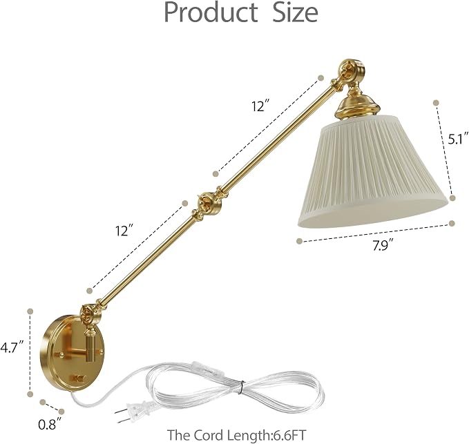 Gold Plug in Wall Sconce, Swing Arm Wall Light with 6.6FT Plug in Cord, Two Adjustable Arms, Fabric Shade, E26 Base, Hardwired Wall Lamp for Bedroom, Reading, Living Room, Hallway (1 Pack)