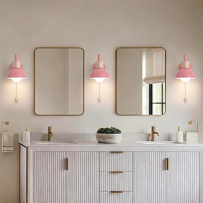 1-Light Nordic Bathroom Wall Sconce with Pull Chain Switch, Modern Vanity Wall Lamp, Bedside Wall Lights for Mirror Kitchen Living Room Hallway Cabinet Porch(Pink)
