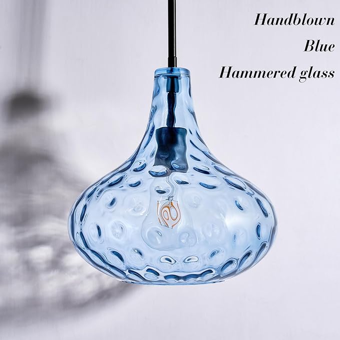 11" Hand-Blown Blue Glass Pendant Light, Modern Hammered Glass Hanging Light Fixture with Black Finish, Adjustable Ceiling Pendant Lighting for Kitchen Island, Dining Room, Living Room