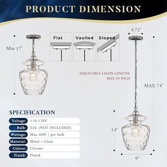 Chrome Hammered Glass Pendant Light for Kitchen Island, 9" Modern Hanging Lighting Fixture for Kitchen Sink Dining Room Entryway Hallway Bedroom, E26 Base