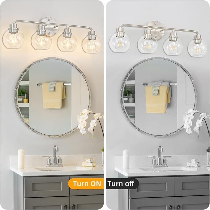 Bathroom Light Fixtures Brushed Nickel Vanity Light Silver 4 Light | Modern Wall Sconces Lighting Bathroom Lights with Glass Shade Bath Wall Lights for Mirror Kitchen Living Room Hallway 27"