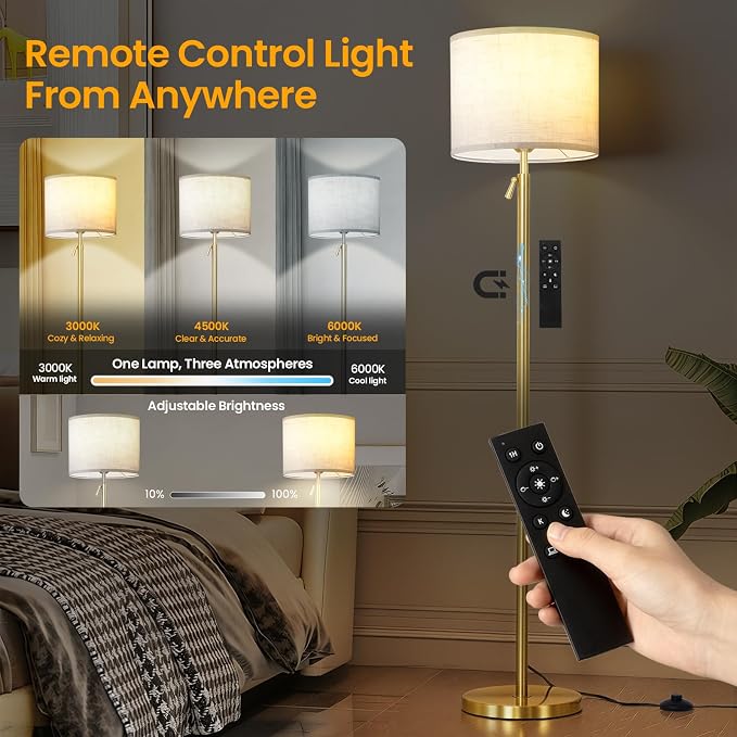 Floor Lamp Height Adjustable with Remote for Living Room and Bedroom Gold | 55"- 67" Height Adjustable Gold Standing Lamp with Dimmable 12W LED Bulb - Tall Stand Light with Shade for Corner Lighting