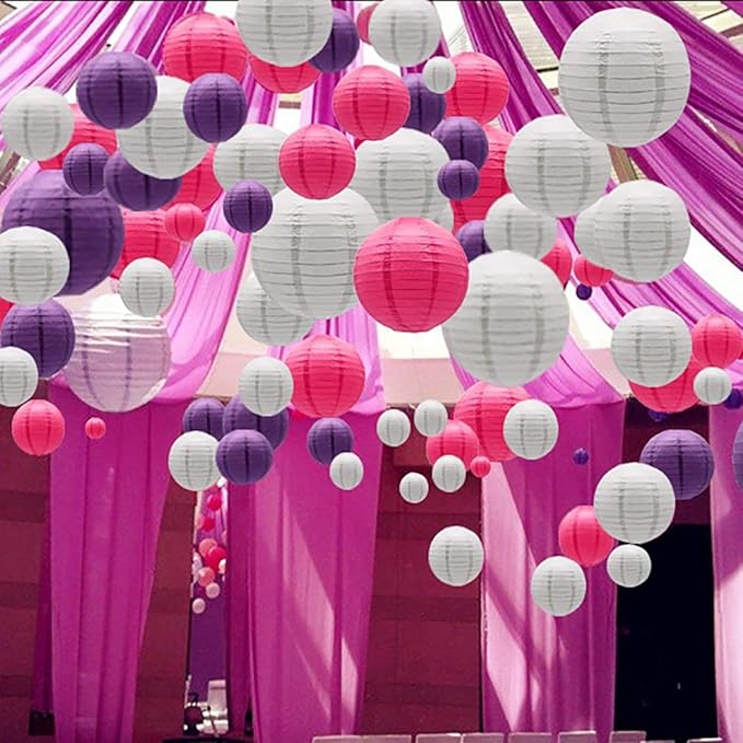 12pcs Purple Paper Lanterns with 12pcs White LED Lights, 6" 8" 10" 12" Round Hanging Chinese/Japanese Ball Lantern for Mardi Gras Wedding Anniversary Birthday Party Decorations