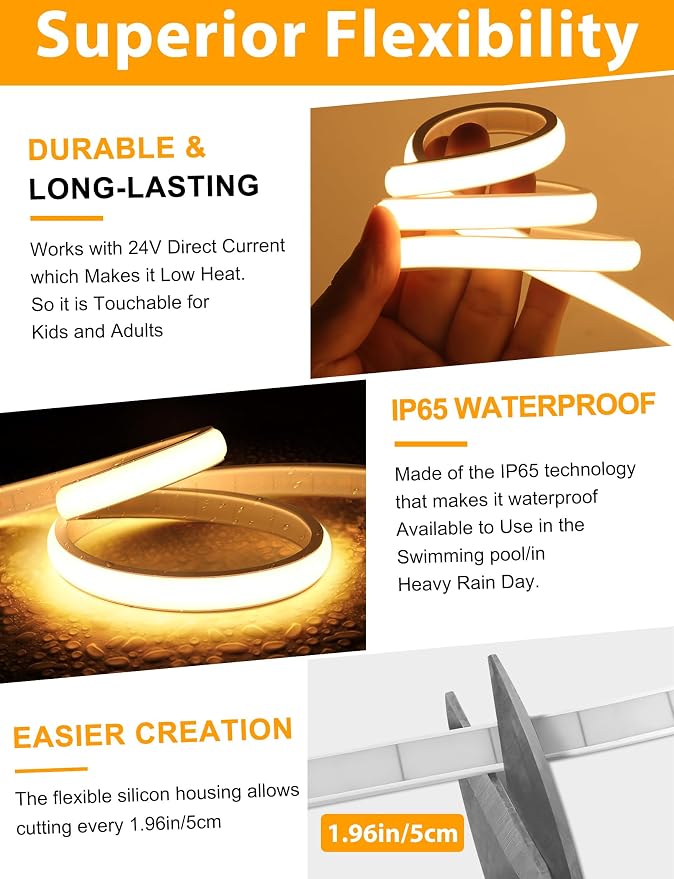 Lamomo COB LED Strip Lights 32.8Ft, Warm White Dimmable Self-Adhesive Led Rope Light with Remote, Flexible Cuttable Waterproof 3000K Silicone Neon Tape Light for Bedroom, Indoor, Cabinet, 10mm Width