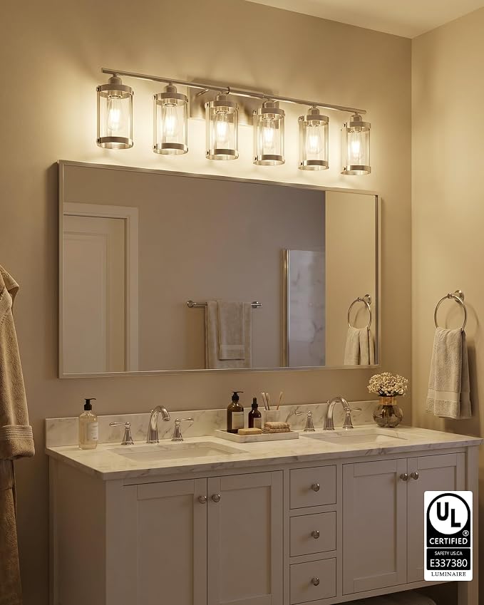 6-Light Brushed Nickel Bathroom Light Fixtures Over Mirror with Clear Glass and Metal Cage Shade, 42" UL-Listed Modern Farmhouse Wall Sconce for Bath, Hardwire E26, OS-3014BN-6W