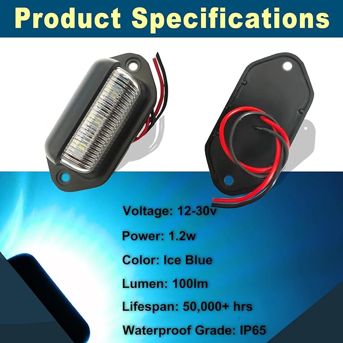 2PCS Ice Blue LED License Plate Light,12V-24V Waterproof 6-SMD License Plate Lamp Taillight, Universal for Truck SUV Trailer Van RV Boats as Step Courtesy Light, Dome/Cargo Lights or Under Hood Lights