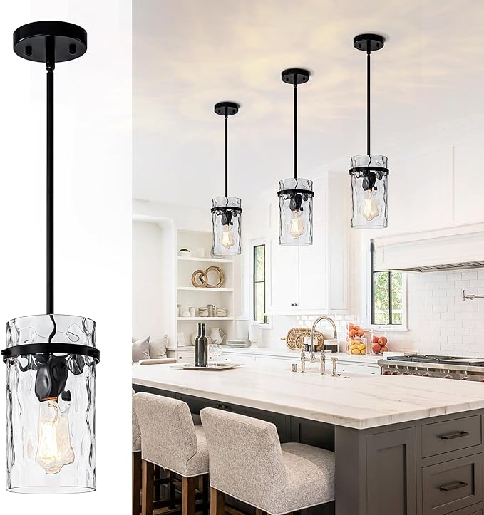 Farmhouse Hammered Glass Pendant Light, 5.5" Black Pendant Light, Modern Pendant Light Fixtures Island Lights for Kitchen Dining Room Light for Farmhouse Pendant Lighting 1 Pack