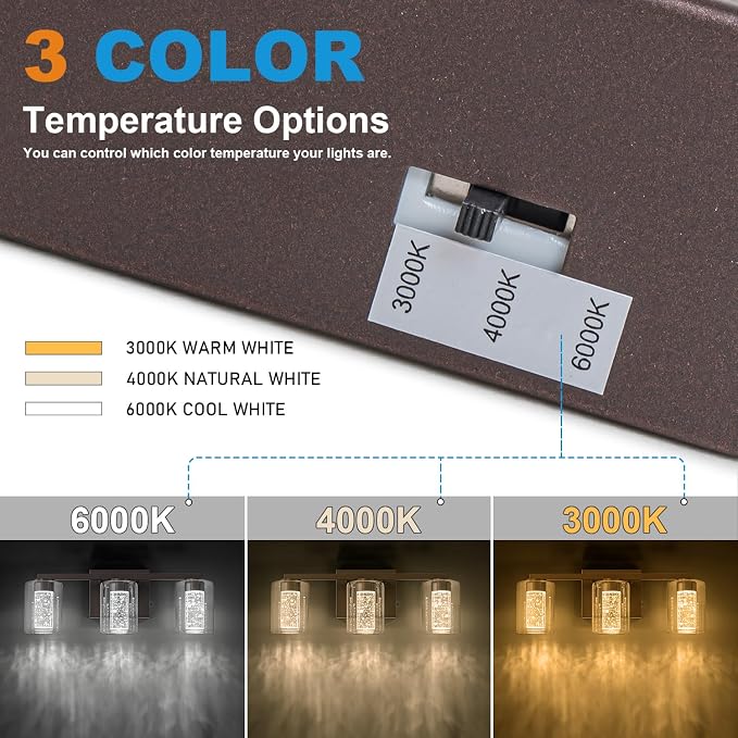 SineRise 3-Light Bronze Vanity Light with 3 Color Modes (3000K/4000K/6000K), Eye Protection LED Bathroom Light Fixture, Dimmable Modern Wall Light Over Mirror with Clear Glass Shade